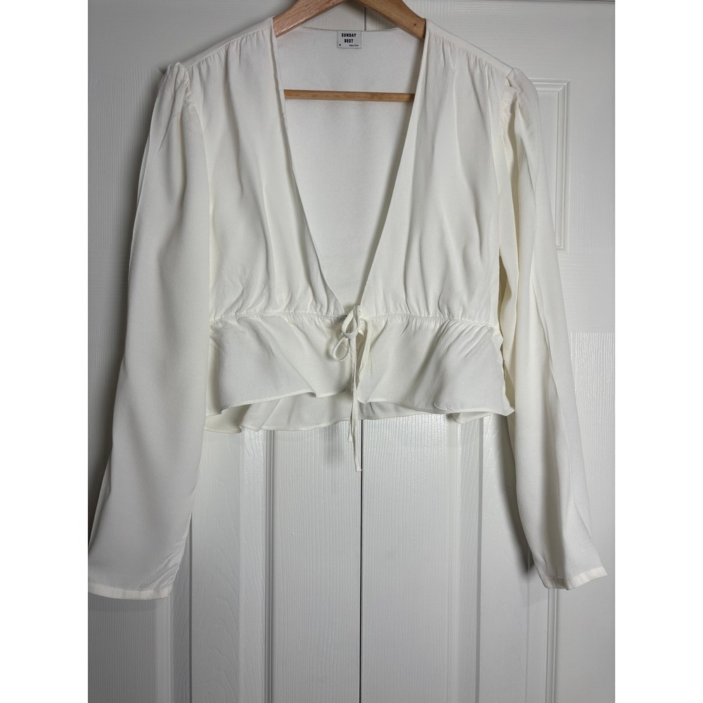 Sunday Best Aritzia White Long Sleeve Front Tie Peplum Crop Top Blouse M